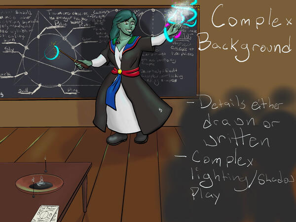 A teal-haired/skinned half-orc woman in a mostly black and white set of convent robes with blue, red, and green accents. She is teaching a class in front of a blackboard full of chalk writing; she gives an example with the twirl of a wand in her right hand