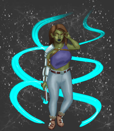 A half-orc girl with green skin, amber eyes, and brown hair. She wears jeans, a brown belt with a stylized buckle, a cropped blue top held at one shoulder, fur-lined leather shoes, and armor down her right arm, which holds a flintlock pistol.