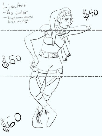 A Twi'lek in "ink" line art. They wear knee-length trousers, laced boots, scrapped armor on their right shoulder and left forearm, a tattered scarf, and a crossed cloth wrap that barely covers their chest. They have two pouches strapped to their thighs.