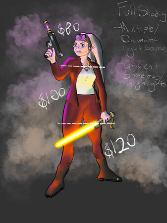 A pink Twi'lek woman with a custom pistol in her right hand and an intricate lightsaber in her left, each of which cast light over her frame. She wears maroon leather pants and jacket over a plain white top, and goggles on her forehead and a book necklace.