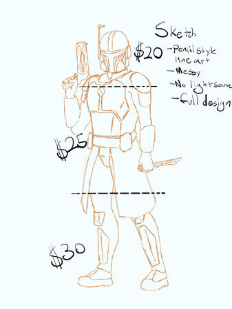 A Mandalorian in orange pencil, holding a pistol at the ready and a vibrodagger at his side. He wears an armored skirt rather than the "traditional" thigh-guards.