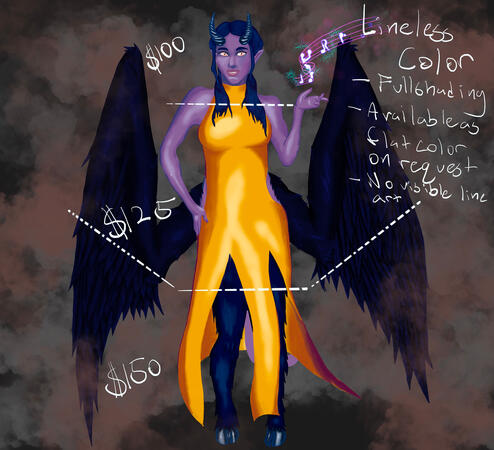 A half-tiefling, half-aasimar girl with purple skin, amber eyes, raven feathered wings out her lower back, cloven hooves, and spiraled horns. She wears a yellow dress with two slits up the skirt along her legs and cutouts for her wings.
