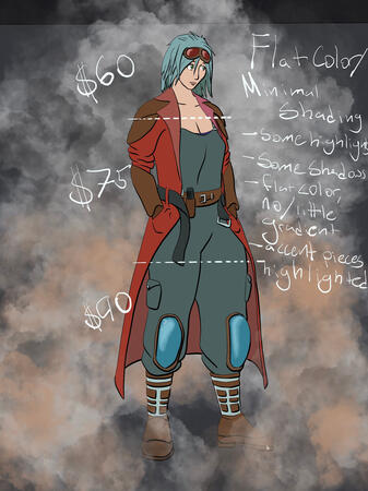 A white woman with green eyes and white hair in overalls with blue kneepads, red-lensed goggles, armored boots, red trenchcoat with brown-armored shoulder pads, and armored boots. She has her hands in her pockets and refuses to look at the camera.